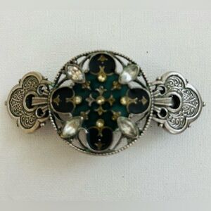 Elegant Vintage Silver Tone and Green Enamel Barrette w/Crystals Made in France